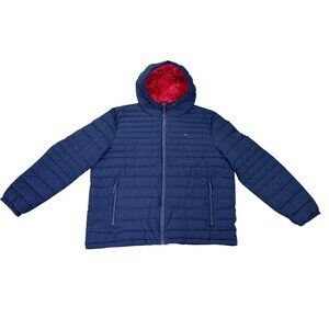 Tommy Hilfiger Mens Navy Polyester Hooded Puffer Jacket Red Lining Sz XXL- New